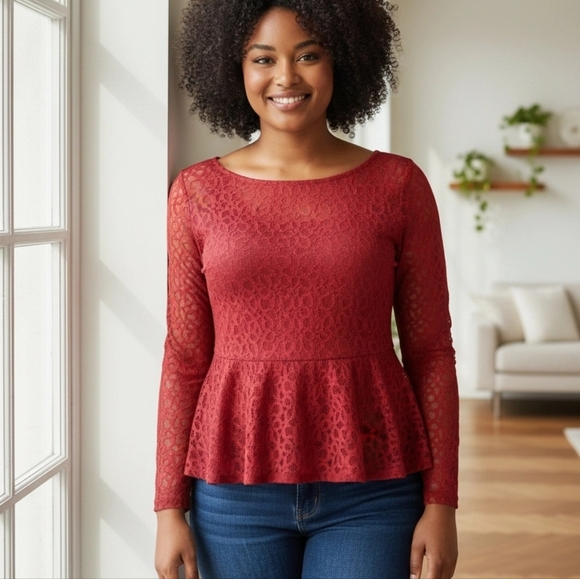 Lane Bryant Vibrant Red Lace Semi Sheer Long Sleeve Top - Picture 3 of 7